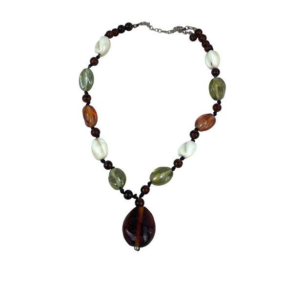 Vintage Chunky Glass Beaded Necklace 20" With Earthtone Pendant Boho Style - Picture 3 of 6